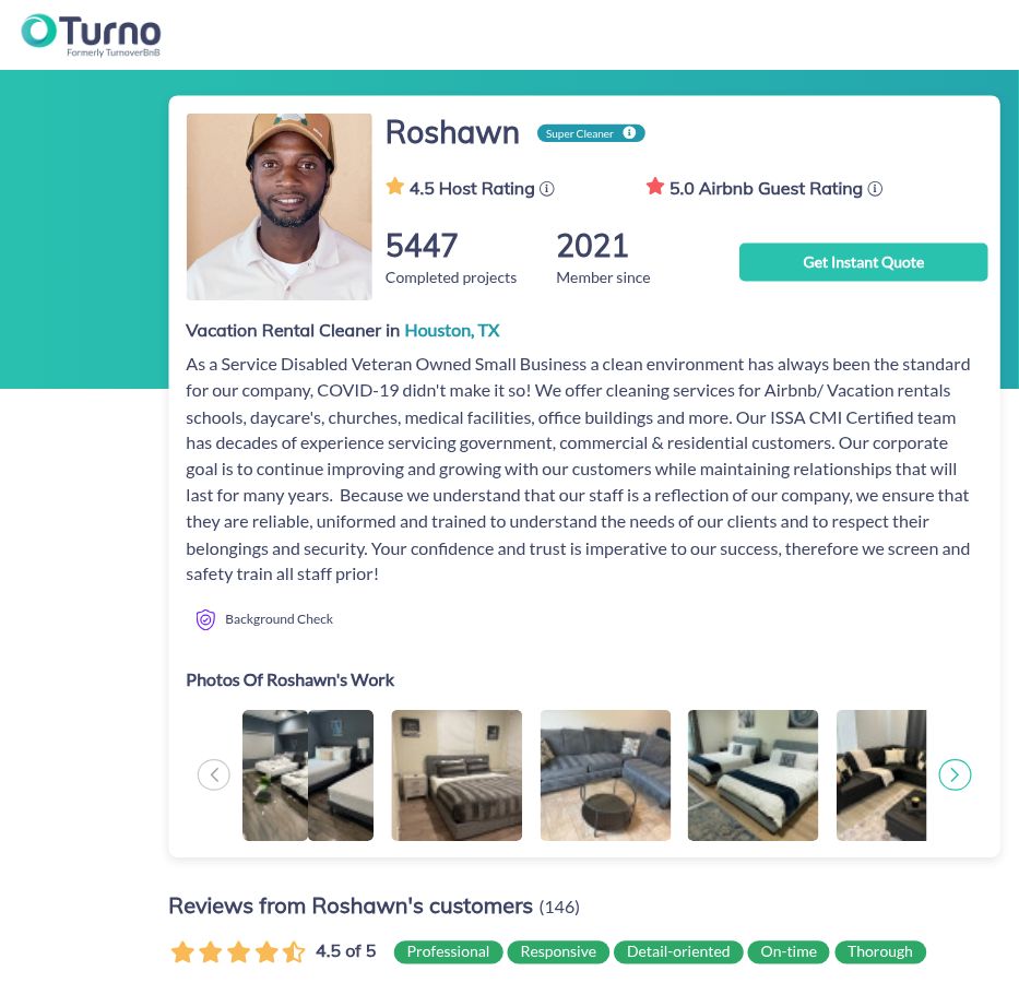Turno profile showing Roshawn, 5,447 completed projects, a 4.5 host rating, a 5.0 Airbnb guest rating and 146 customer reviews.